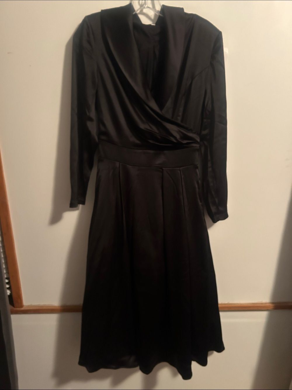 Mooyius Black Satin Midi dress with Draped Collar and tulle skirt